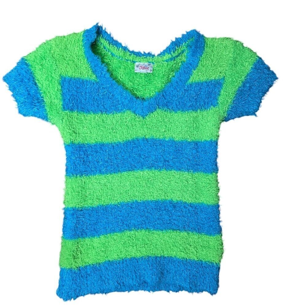 Y2K Style Justice Neon Green Blue Stretchy Fuzzy Baby doll Top